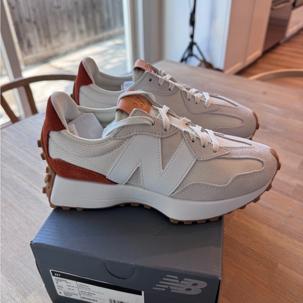 New Balance Cream and Red Athletic Shoes